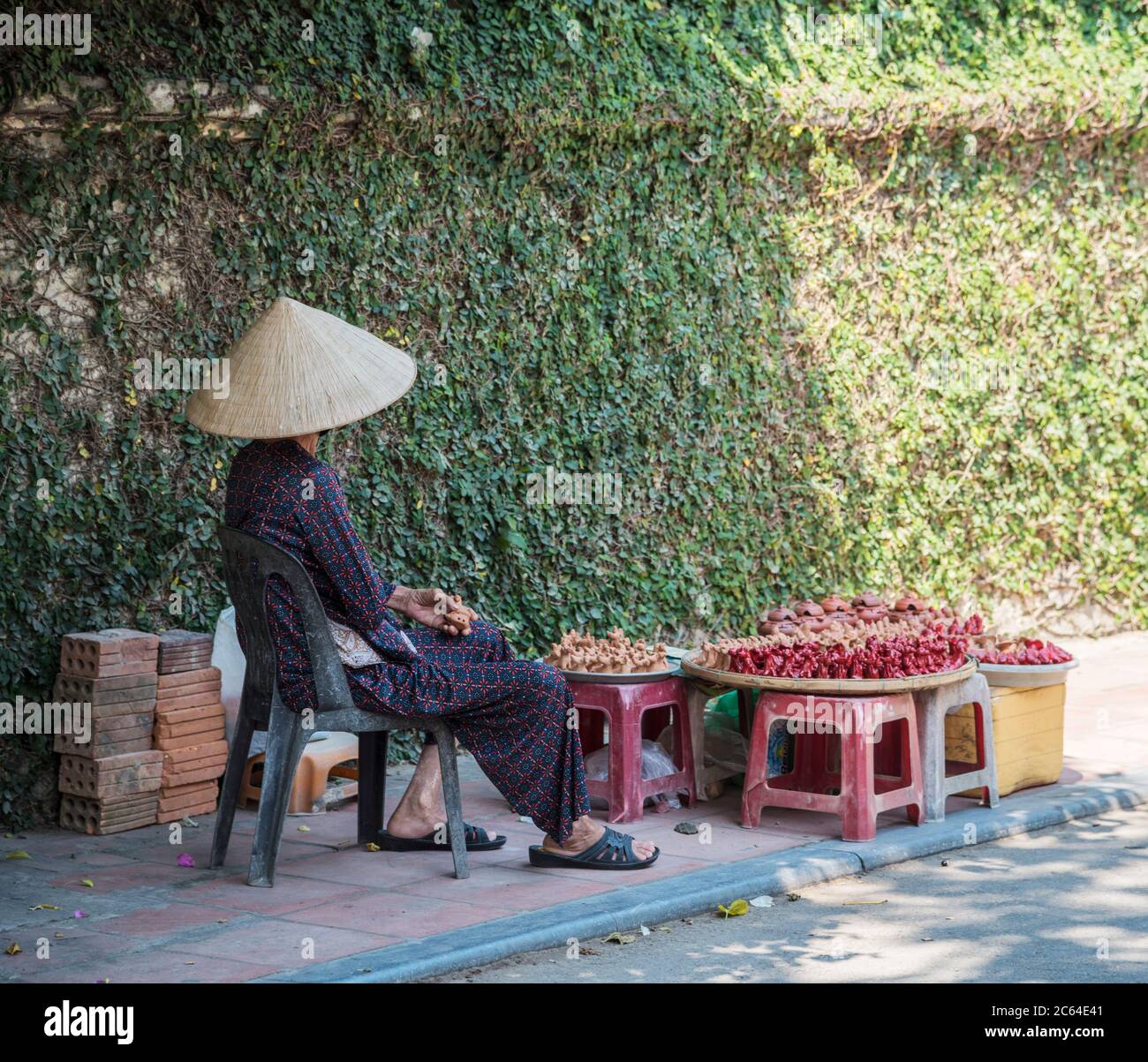 Una vecchia signora vietnamita che vende frutta sul lato della strada in Hoi Ann Vietnam Asia. Foto Stock