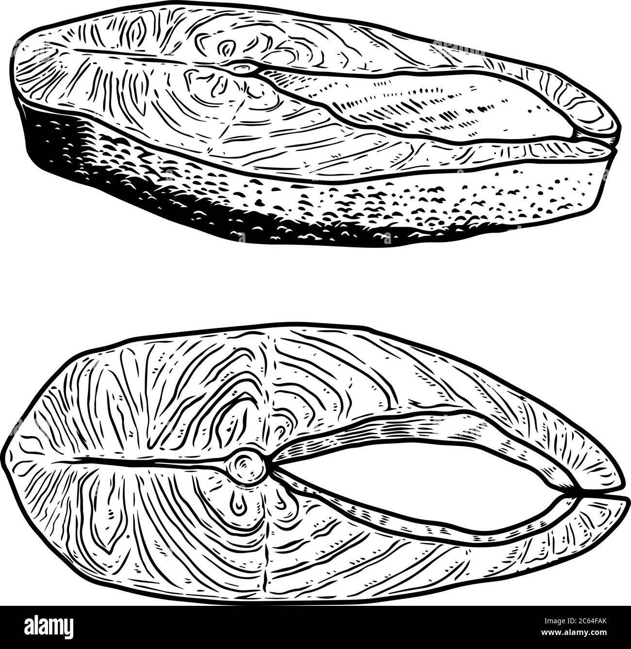 Set di illustrazione dei tagli di carne di salmone in stile di incisione. Elemento di progettazione per poster, etichetta, segno, emblema, menu. Illustrazione vettoriale Illustrazione Vettoriale