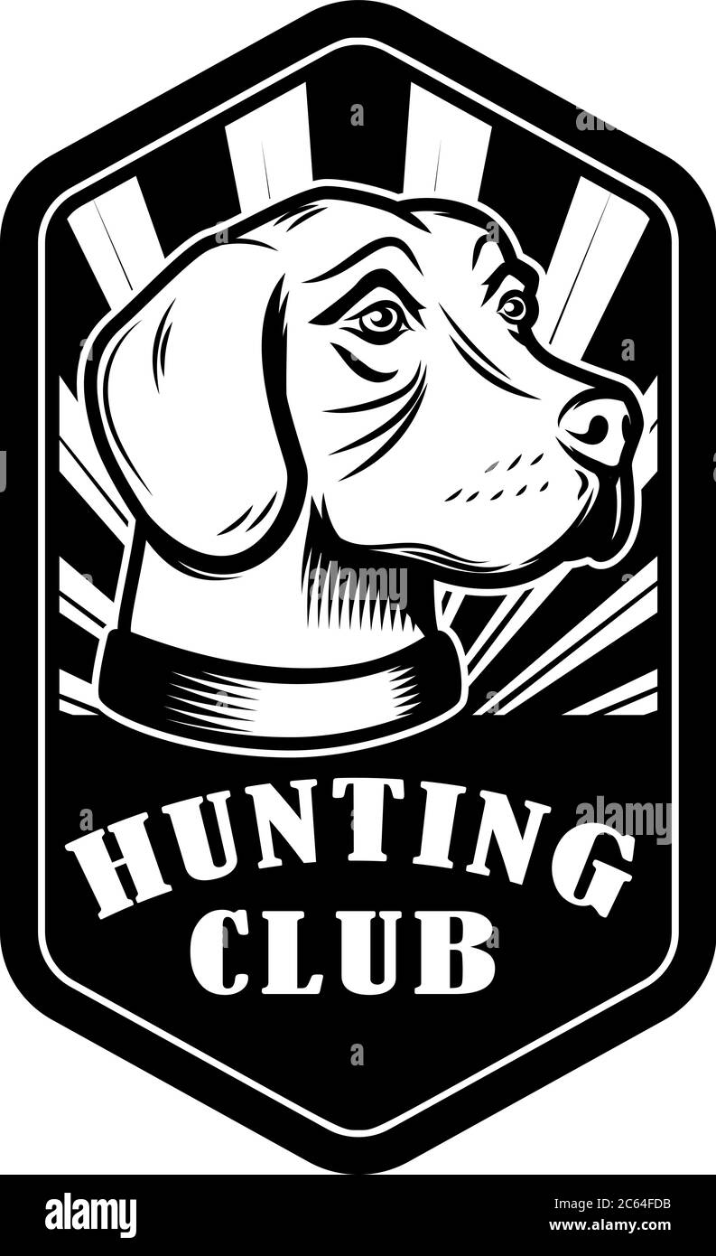Modello emblema di club di caccia. Cane da caccia. Elemento di design per logo, etichetta, segno, poster, banner. Illustrazione vettoriale Illustrazione Vettoriale