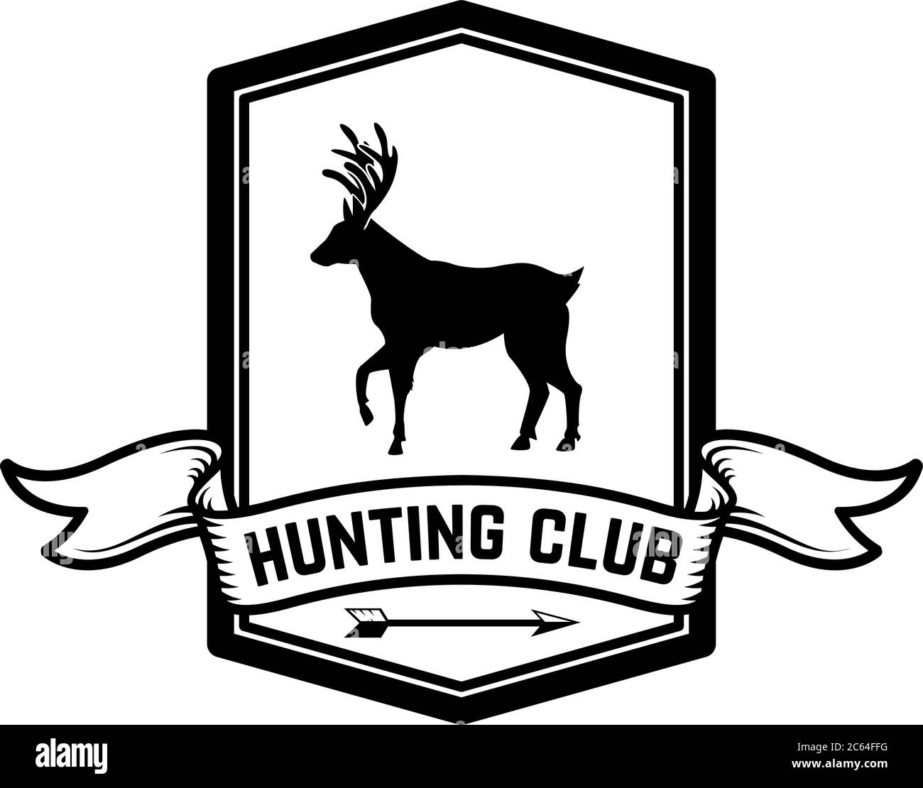 Emblema di caccia con sagoma del cervo . Elemento di design per logo, etichetta, segno, poster, banner. Illustrazione vettoriale Illustrazione Vettoriale