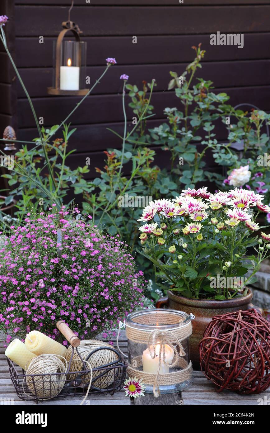 decorazione giardino con fiori rosa estivi e lanterna da tavolo Foto Stock