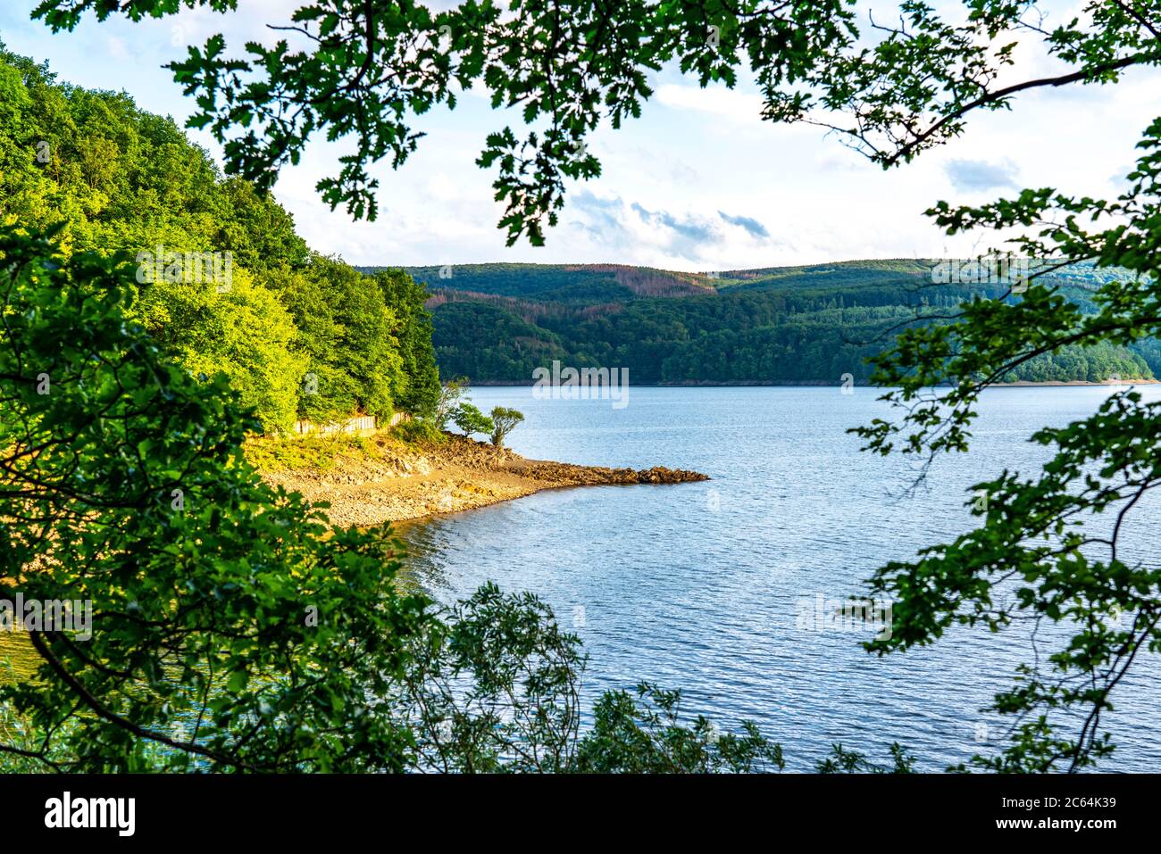 Il Rursee, bacino idrico del Parco Nazionale dell'Eifel, sponda nord-est vicino a Heimbach, vicino alla diga di Rur Schwammenauel, NRW, Germania, Foto Stock