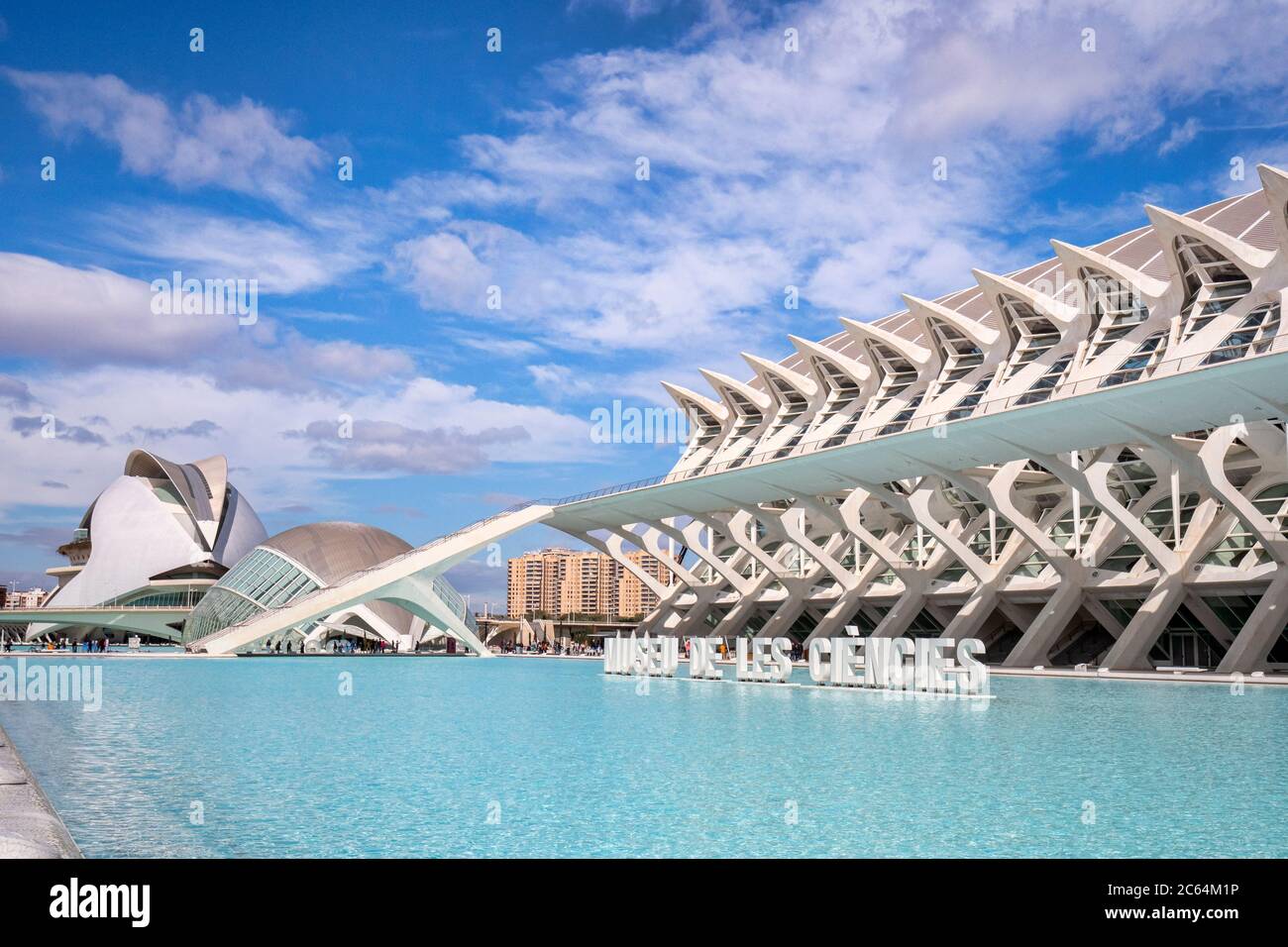 3 marzo 2020: Valencia, Spagna - il Museu de le Ciencies o Museo della Scienza nella Città delle Arti e delle Scienze di Valencia. Sullo sfondo sono gli Hem Foto Stock