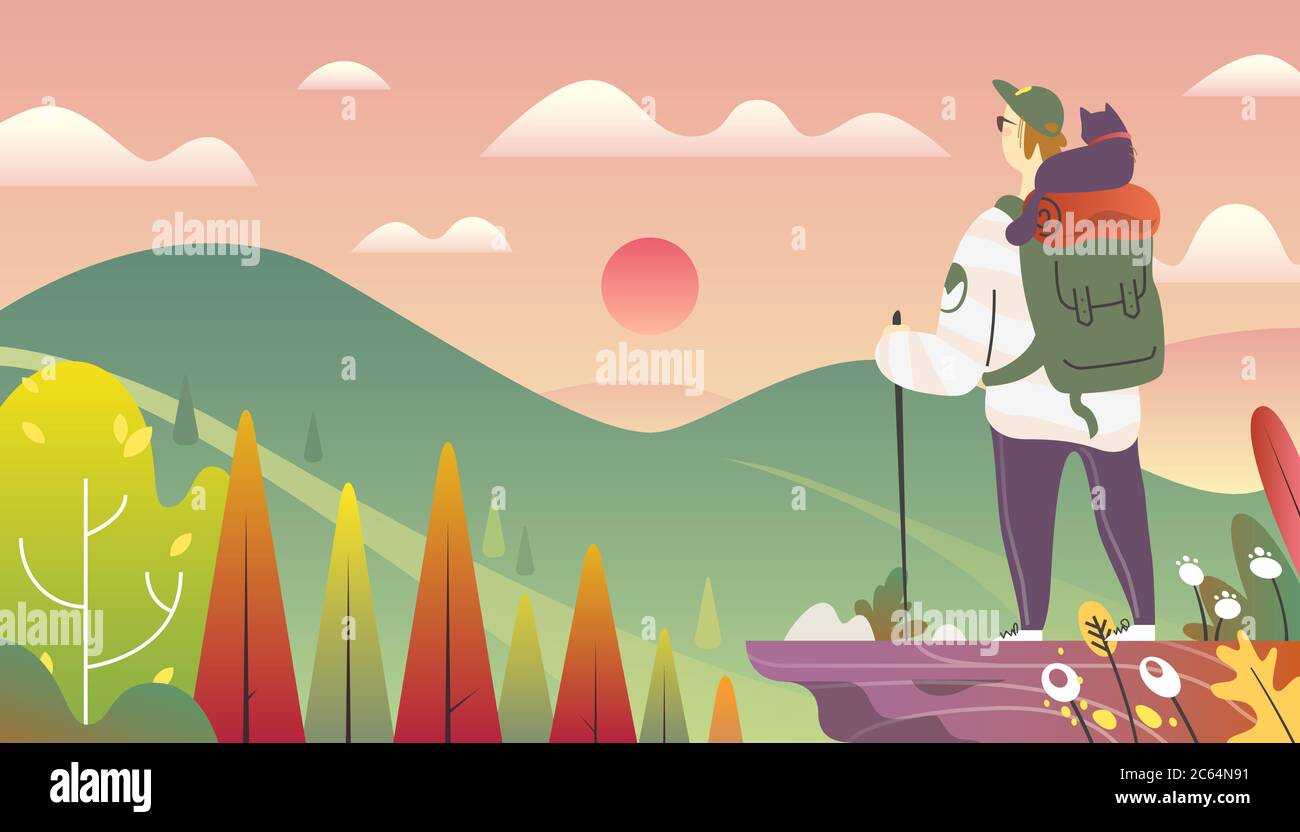 Un uomo e un gatto sono in viaggio. Illustrazione Vettoriale