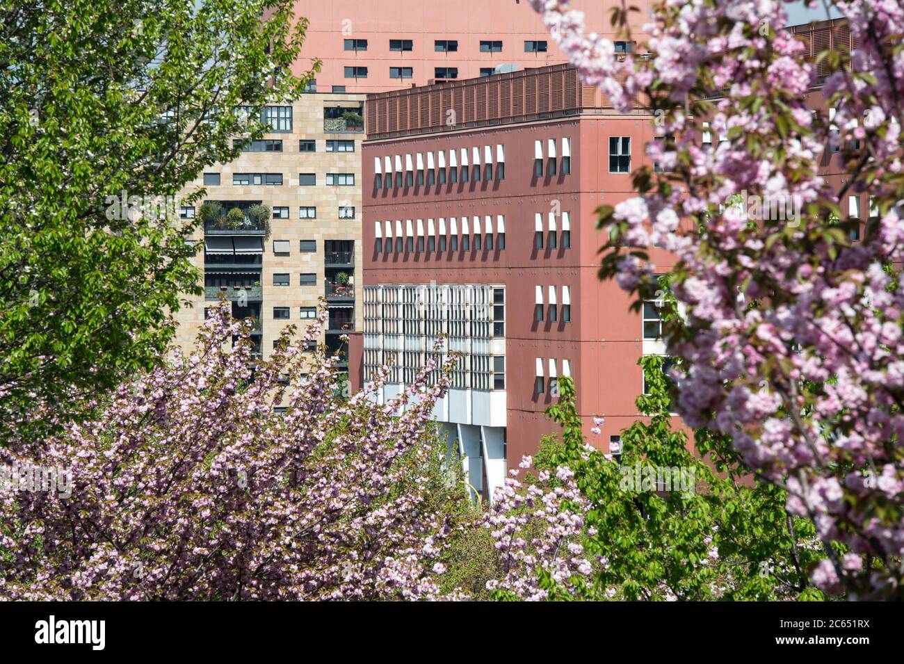 Italia, Lombardia, Milano, Bicocca, Parco della collina dei Ciliegi, particolare dell'Università progettata da Vittorio Gregotti Foto Stock