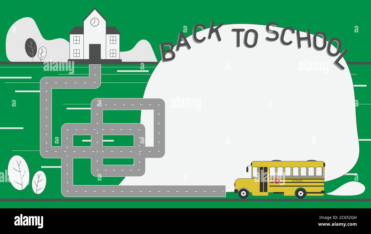 Piano di design sfondo, ritorno a scuola, UN bus di scuola testa a scuola lungo la strada vertiginosa Illustrazione Vettoriale