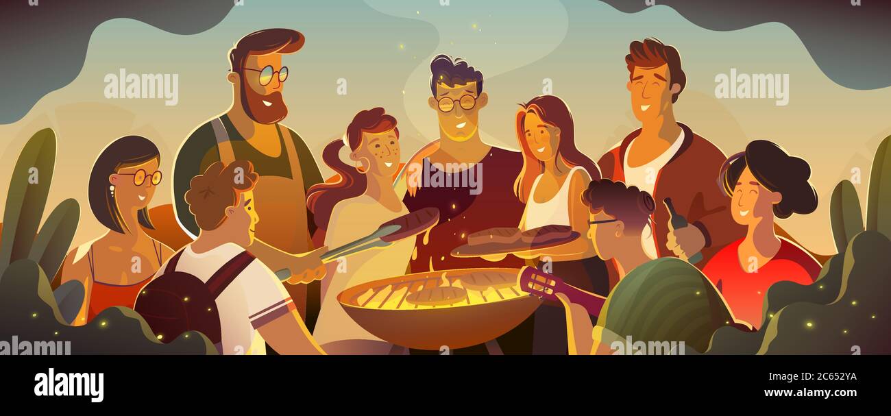 Tempo libero, vacanze, mangiare, persone e cibo concetto - amici felici che hanno carne Illustrazione Vettoriale