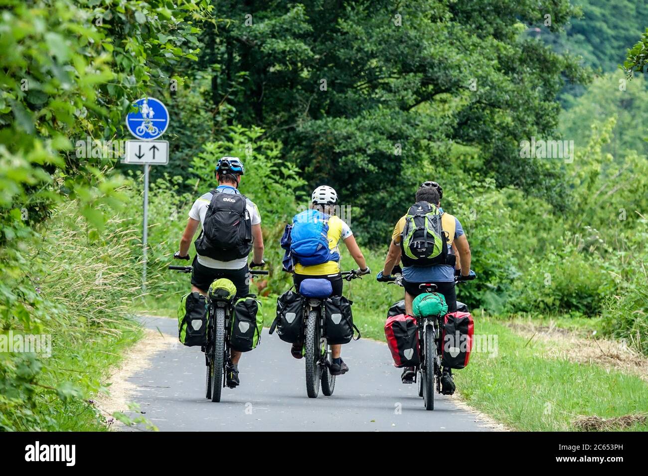 Thee uomini persone in bicicletta sulla pista ciclabile vacanze Germania Foto Stock