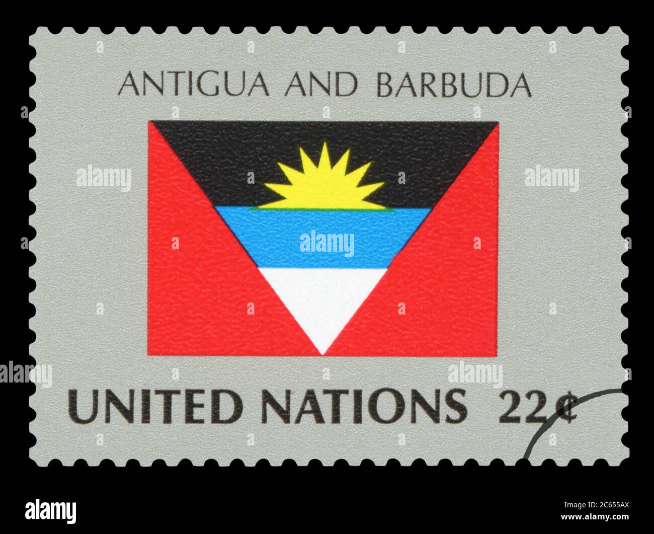 NTIGUA E BARBUDA - francobollo di ANTIGUA E BARBUDA bandiera nazionale, Serie delle Nazioni Unite, circa 1984. Foto Stock