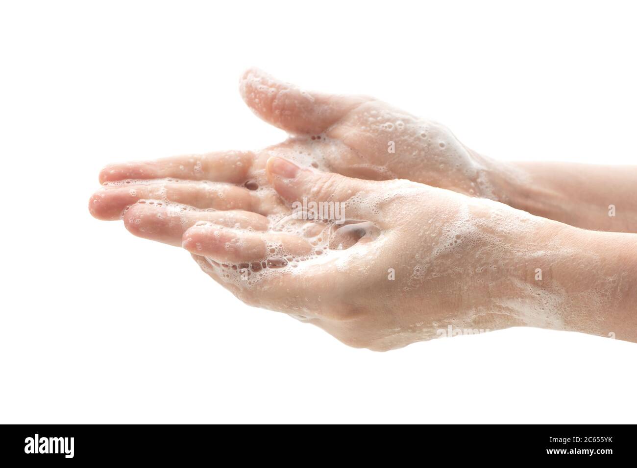 Lavarsi le mani con sapone per prevenire germi, batteri o virus. Pulizia delle mani. Concetto di igiene Foto Stock