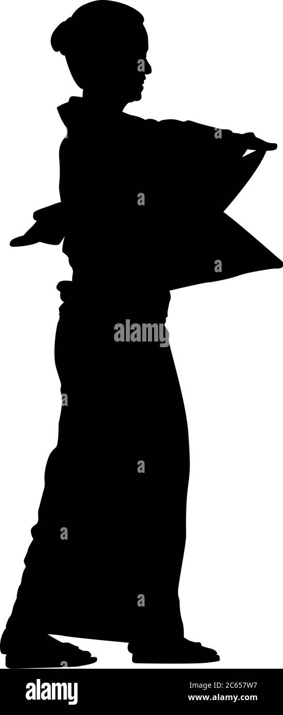 Silhouette isolata nera di una donna giapponese che esegue una danza tradizionale in uno yukata Illustrazione Vettoriale