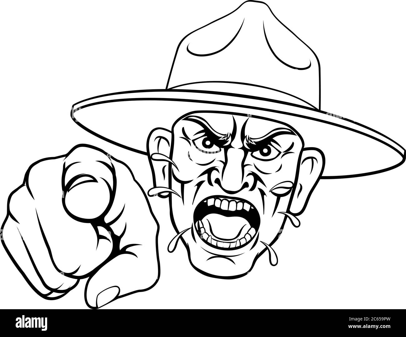 Esercito arrabbiato Bootcamp trapanare il sergente Cartoon Illustrazione Vettoriale