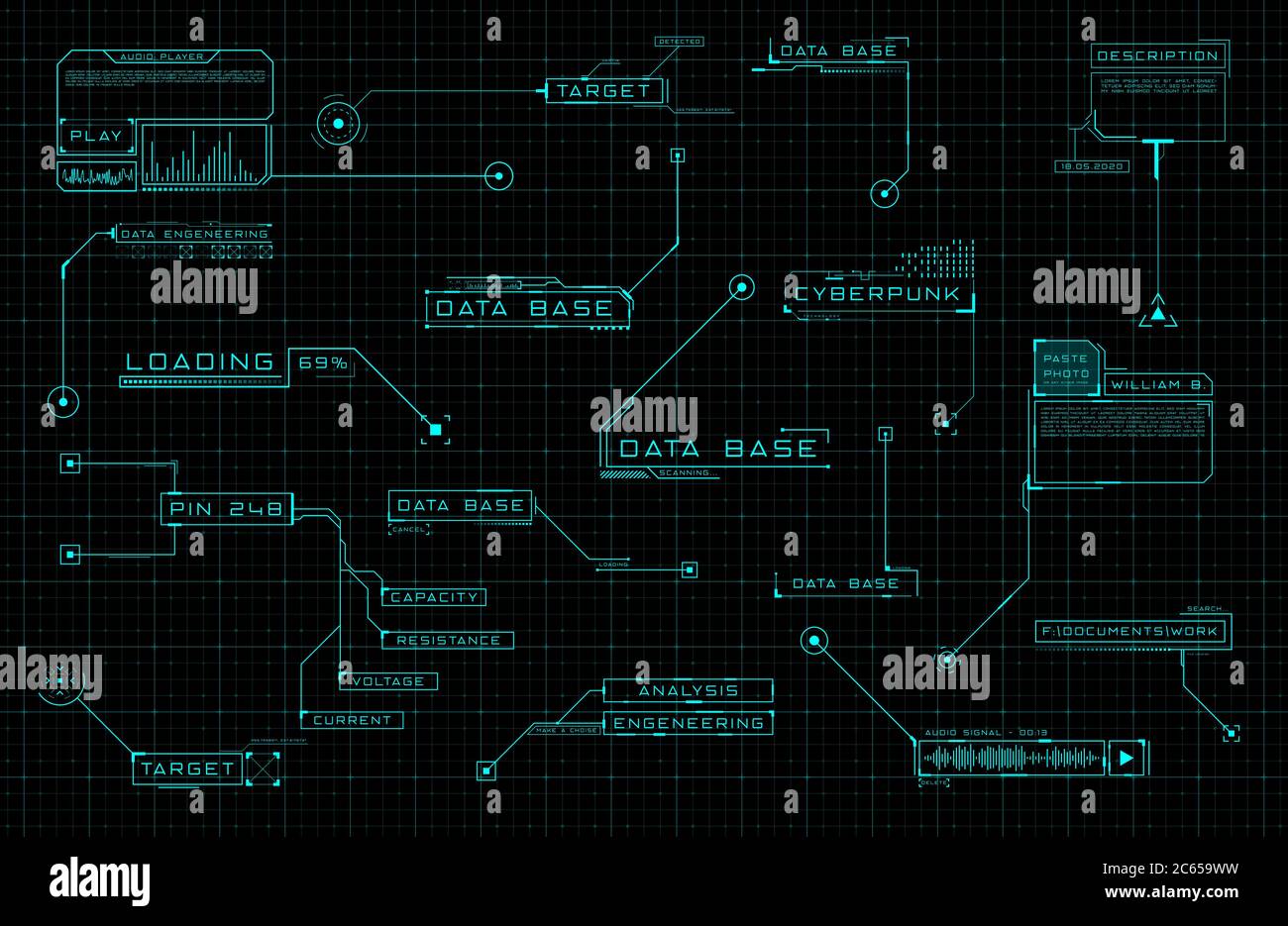 Elementi di progettazione della didascalia HUD. Set di interfacce utente futuristiche per didascalie. Layout digitale moderno del pannello di controllo e menu utente HUD, GUI, FUI. Modificabile Illustrazione Vettoriale