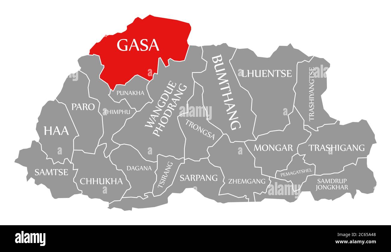 Gasa rosso evidenziato sulla mappa del Bhutan Foto Stock