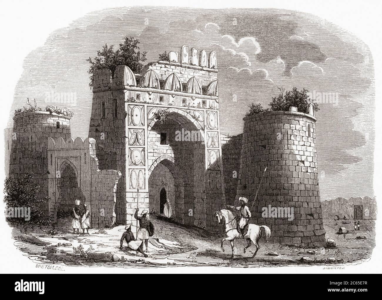Porta del Feroz Shah Kotla, o Kotla, vicino Delhi, India, visto qui nel 19 ° secolo. Una fortezza costruita dal sultano Feroz Shah Tughlaq. Da Monuments de Tous les Peuples, pubblicato nel 1843. Foto Stock