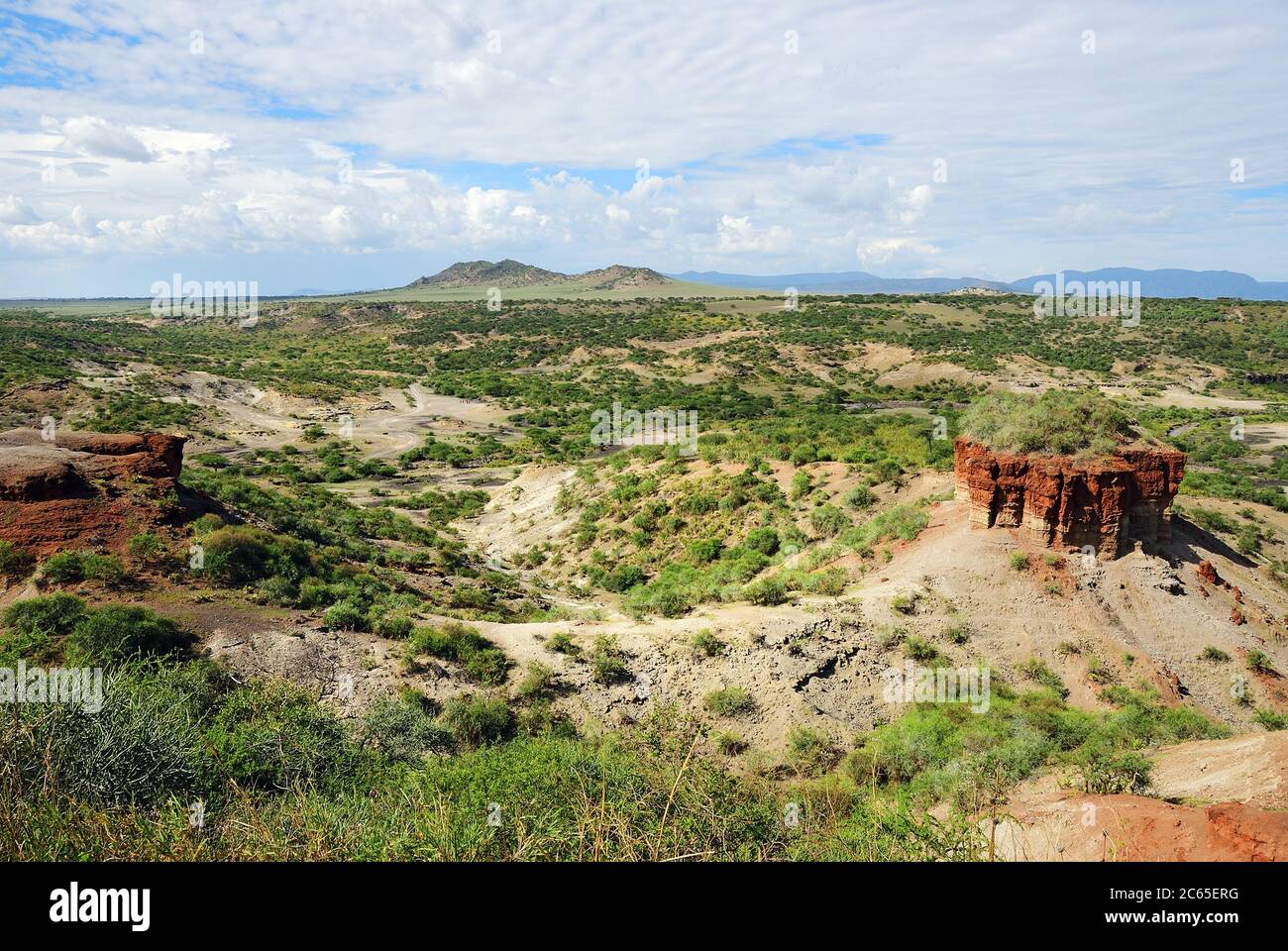 Vista della gola di Olduvai, uno dei più importanti siti paleoantropologici del mondo - la culla dell'umanità. Great Rift Valley, Tanzania, EA Foto Stock