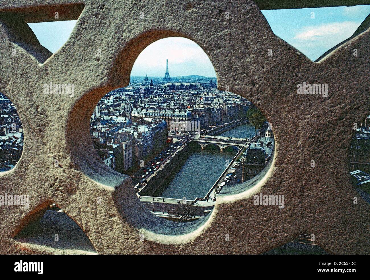 Vista della Torre Eiffel e del fiume Senna incorniciata da lavori in pietra sulla cima di Notre Dame a Parigi. Archivio immagine fotografica 1972 Foto Stock