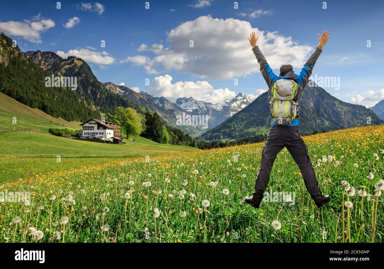 Hiker felice riuscito con il salto dello zaino con le armi sollevate sul prato di fiore di Hawkbit. Montagne innevate e casa tradizionale. Baviera, Alpi Foto Stock