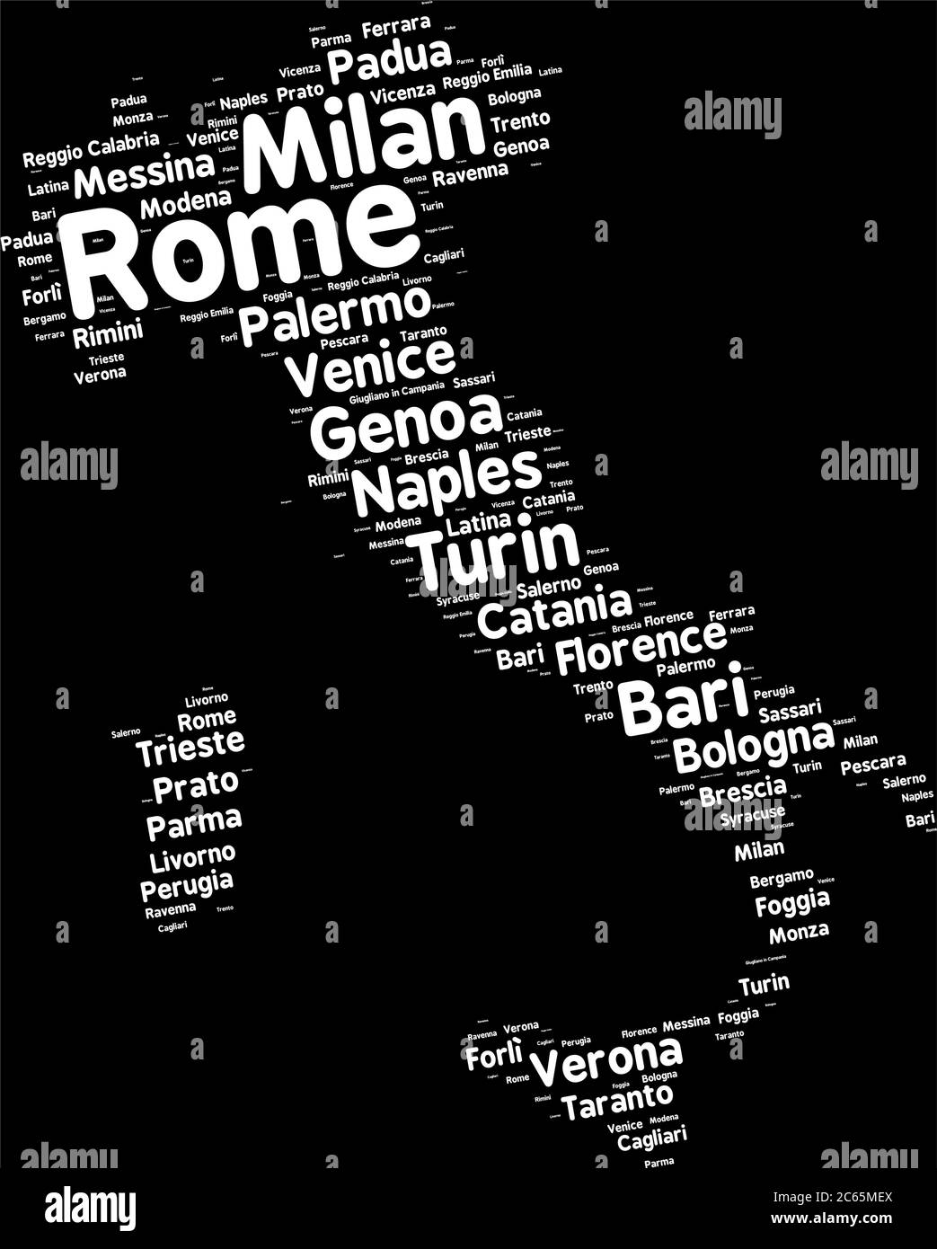 La nuvola di parole in una forma di Italia contiene grandi città. Testo bianco su sfondo nero, illustrazione vettoriale Illustrazione Vettoriale