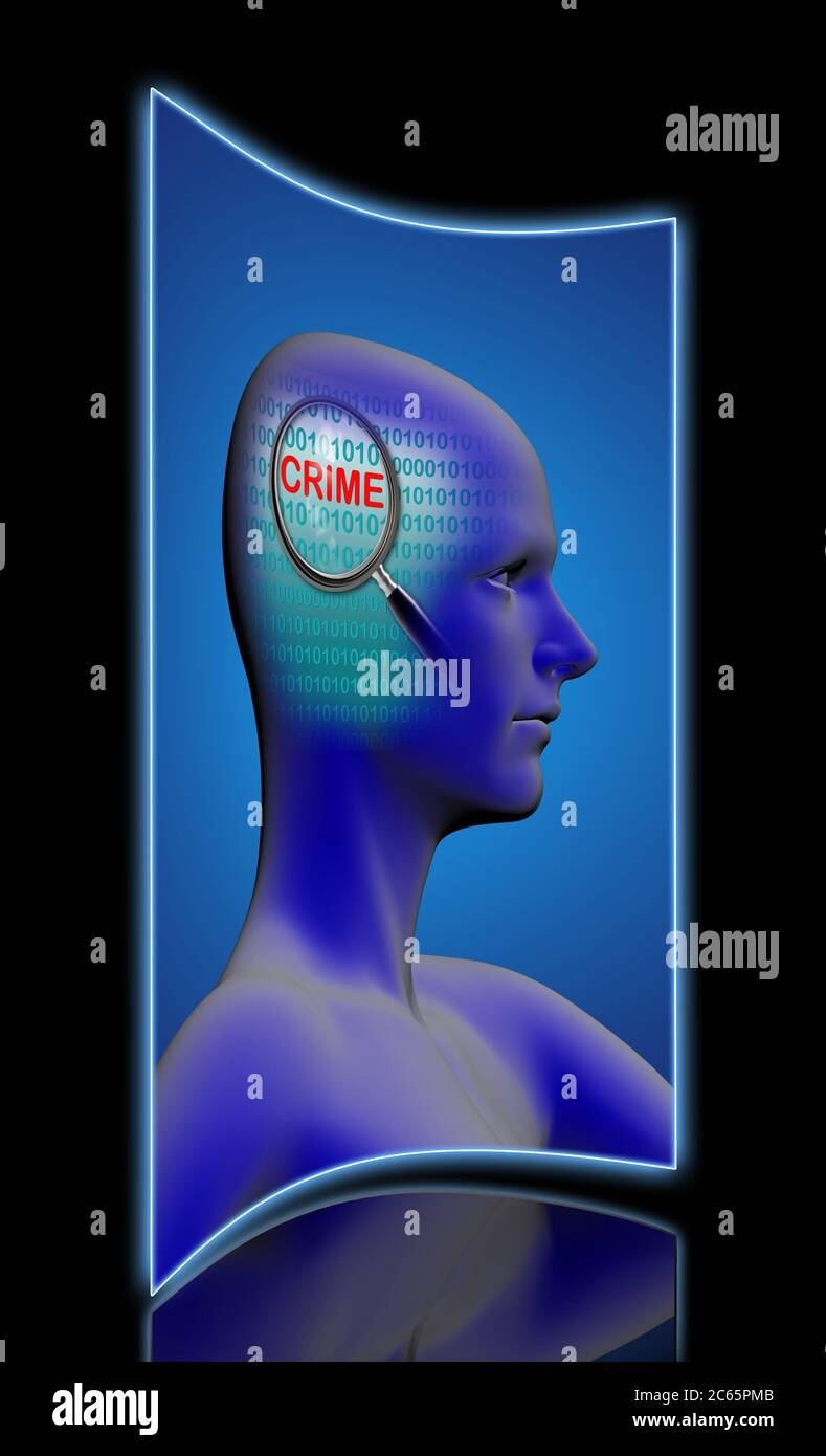 profilo di un uomo con primo piano di lente di ingrandimento sul crimine realizzato in software 2d Foto Stock