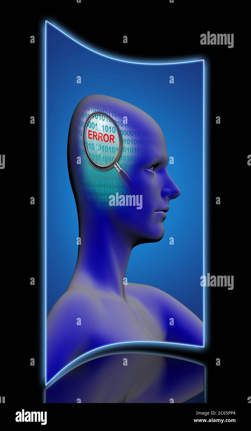 profilo di un uomo con primo piano di lente di ingrandimento su errore fatto nel software 2d Foto Stock