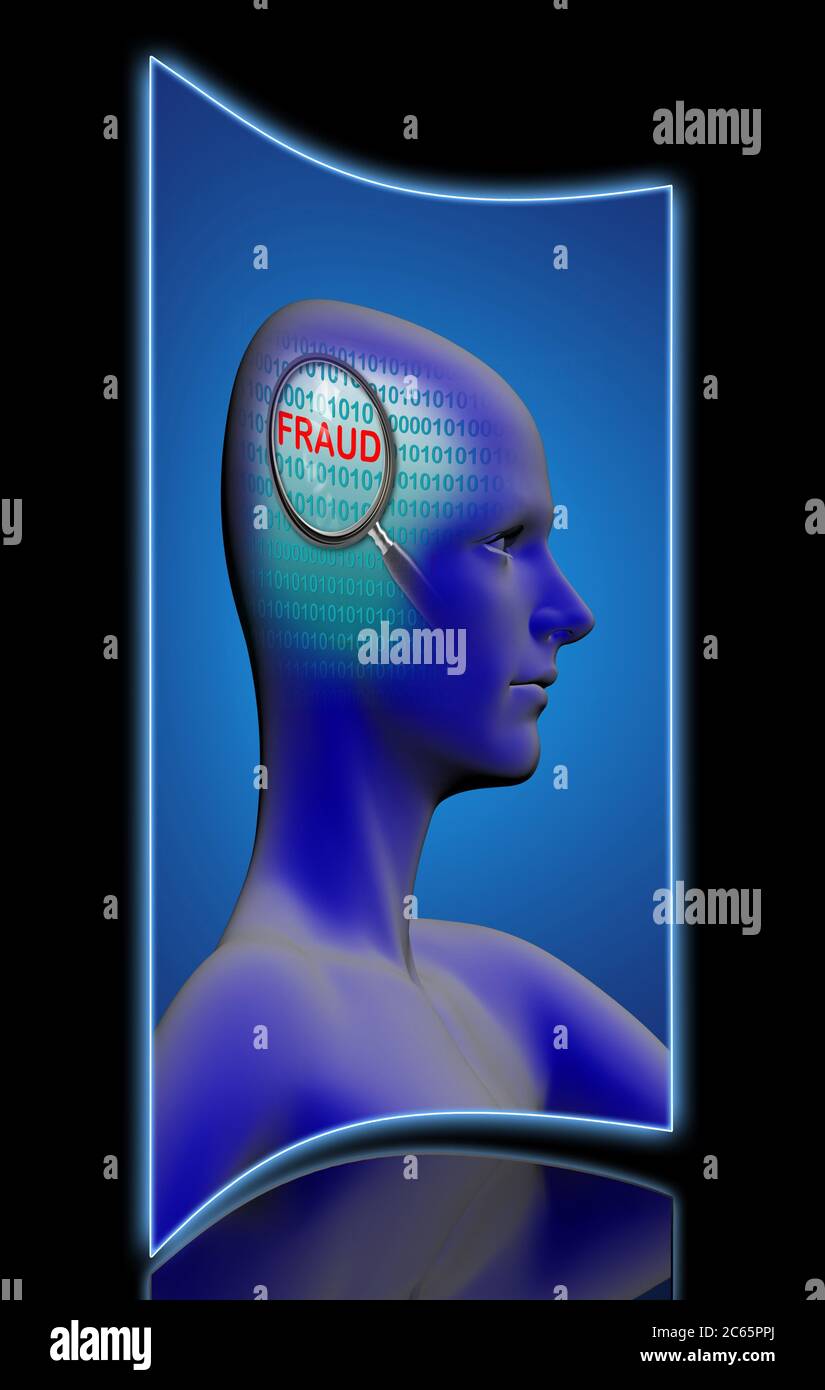 profilo di un uomo con primo piano di lente di ingrandimento su frodi effettuate in software 2d Foto Stock