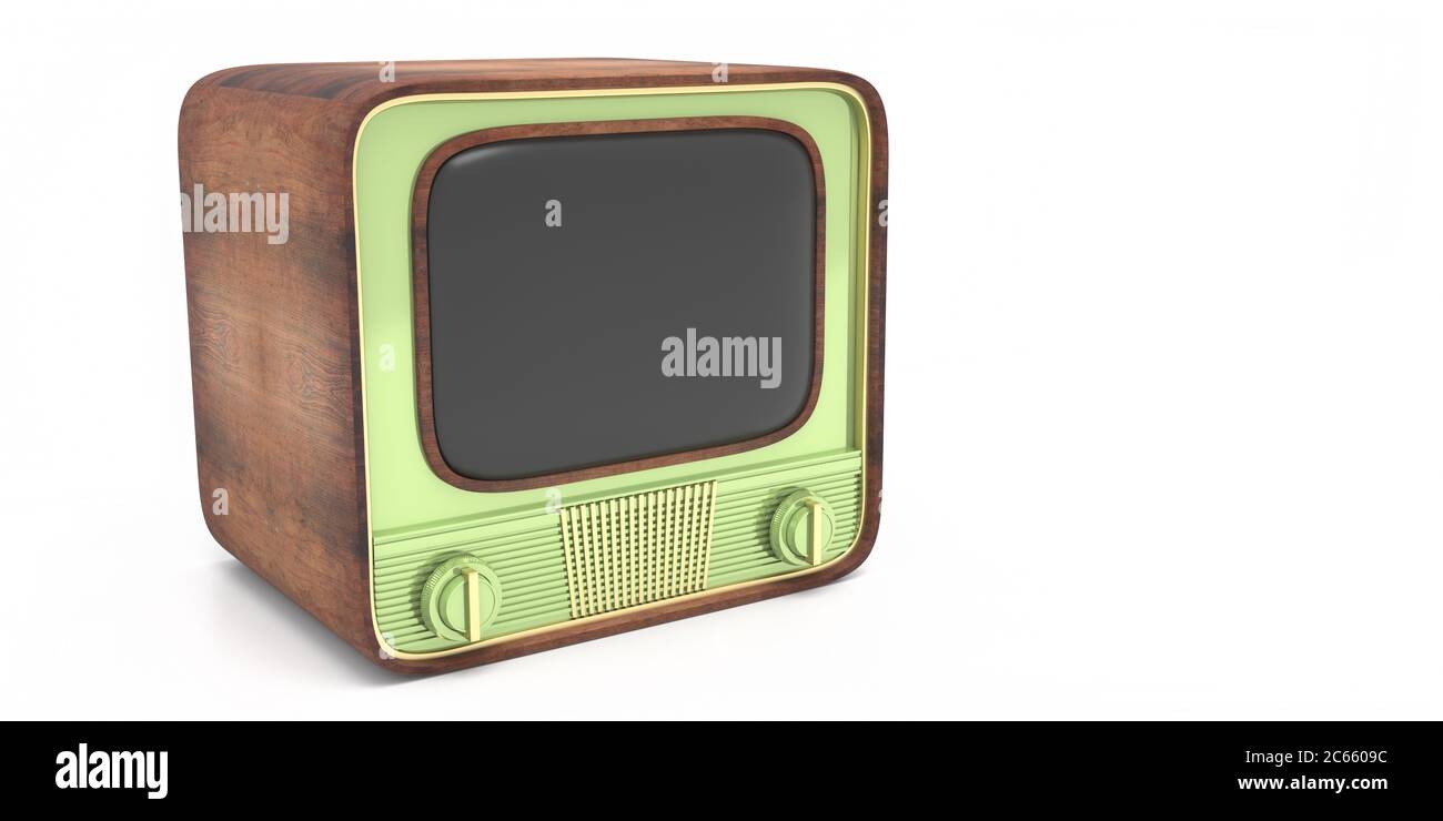 TV retro, vecchio televisore vintage color verde pastello con schermo vuoto vuoto isolato su sfondo bianco, nostalgia 50, modello. illustrazione 3d Foto Stock