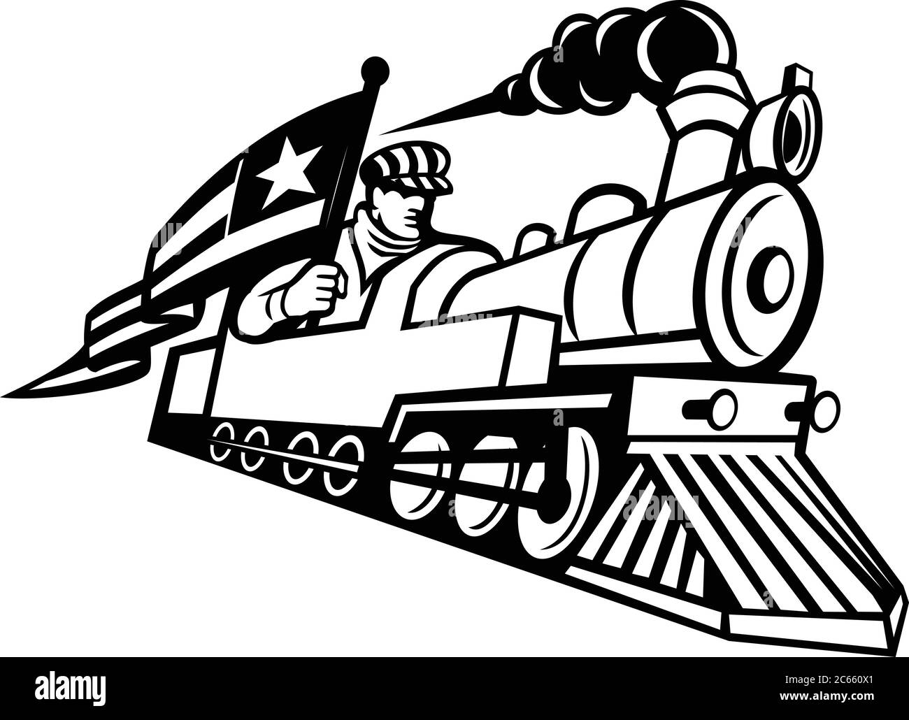 Mascotte in bianco e nero illustrazione di una locomotiva o treno a vapore d'epoca con un autista, un ingegnere o un meccanico in possesso di stelle americane e str Illustrazione Vettoriale