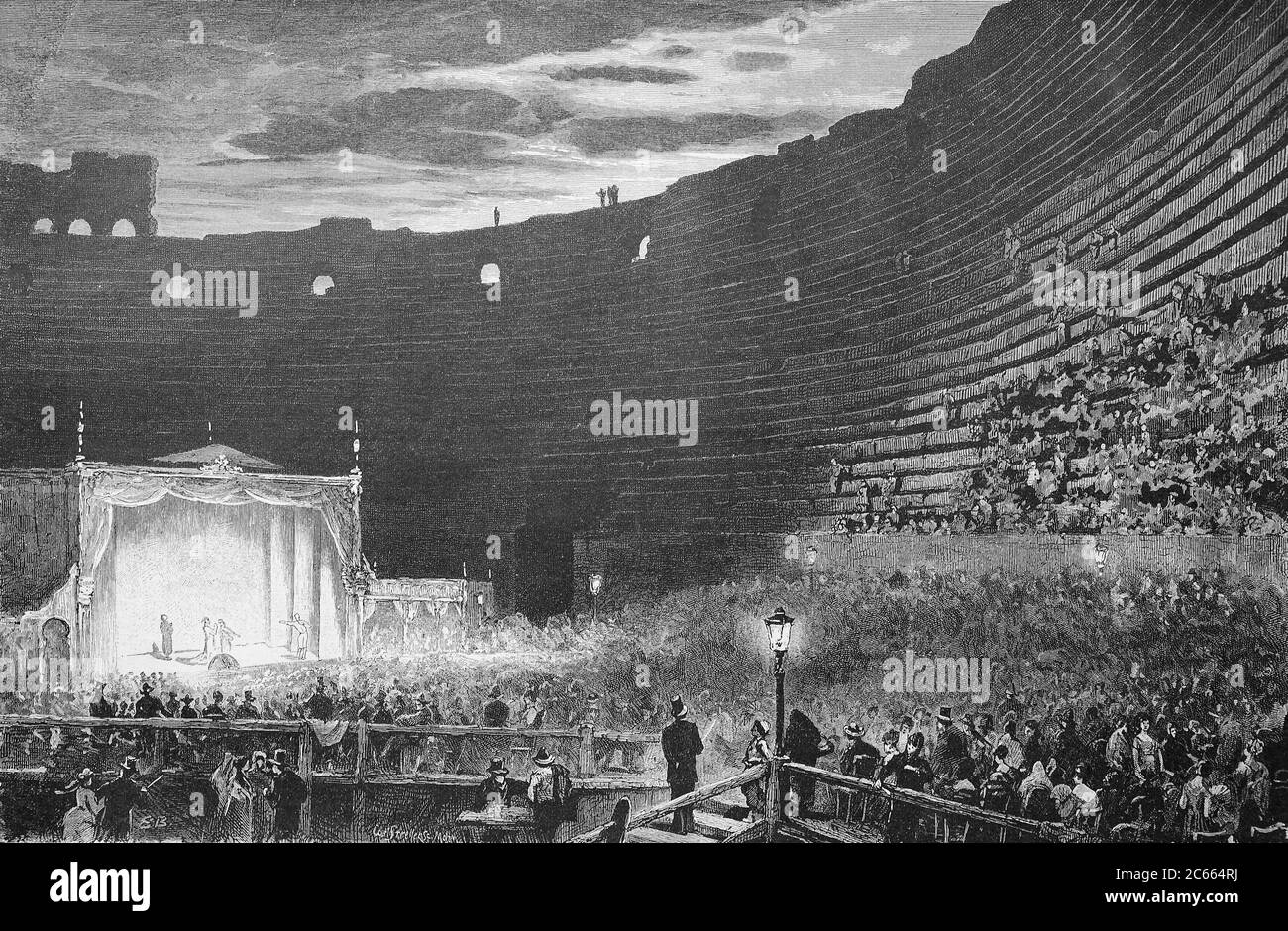 Spettacolo d'opera all'anfiteatro di Verona, 1890 / Opernaufführung im Amphitheatre von Verona, Italien, 1890, Historisch, riproduzione storica, digitale migliorata di un originale del XIX secolo / digitale Reproduktion einer Originalvollage aus dem 19. Jahrhundert Foto Stock
