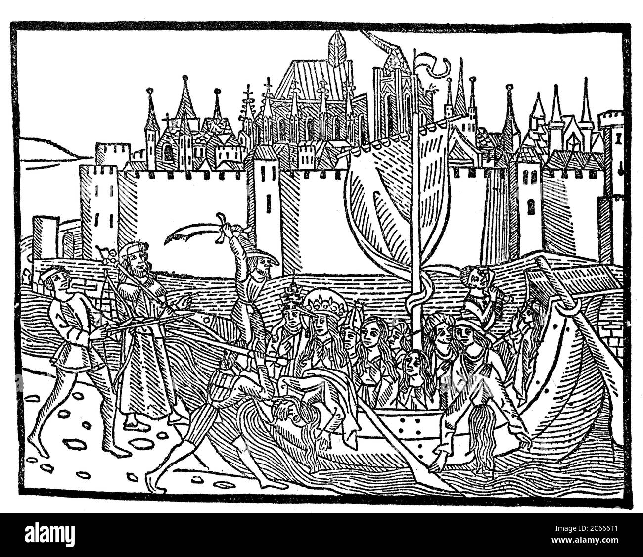 Arrivo di Sant'Ursula a Colonia, dalla Cronica della città di Hiligen Coellen, 1499, la Santa Ursula di Colonia ha detto di aver vissuto nel IV secolo d.C. / Ankunft der heiligen Ursula a Köln, aus der Cronica von der hilligen Stadt Coellen, 1499, Die heilige Ursula von Köln soll im 4. Jahrhundert nach Christus gelebt haben, Historisch, storico, digitale riproduzione migliorata di un originale del 19 ° secolo / digitale Reproduktion einer Originalvollage aus dem 19. Jahrhundert Foto Stock