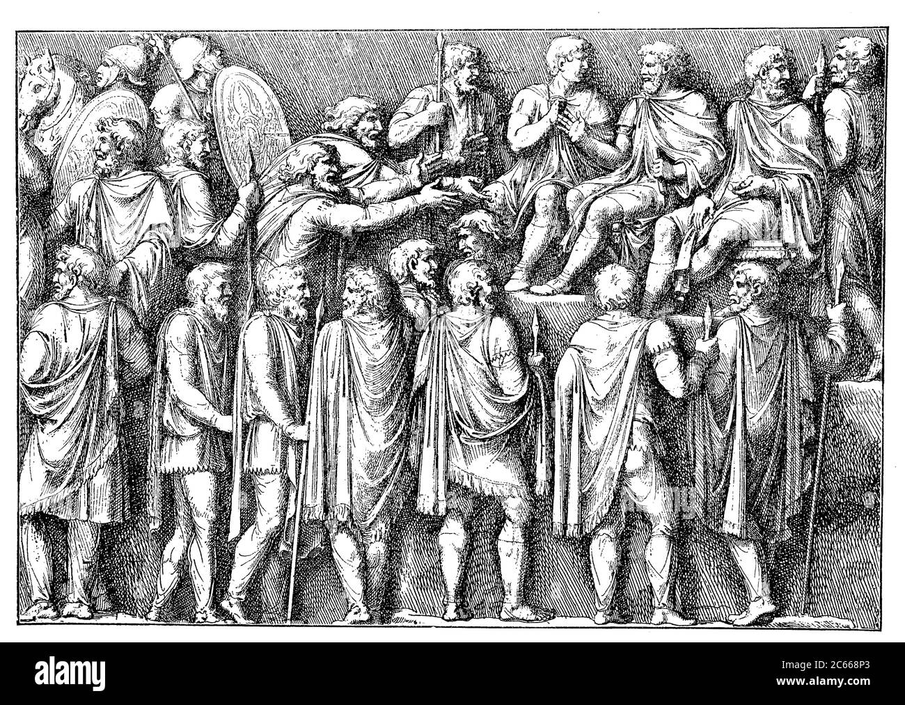 Il principe germanico chiede a Marc Aurel misericordia e pace, guerra marcomannica, circa 170 d.C., dopo un rilievo della colonna della Vittoria di Marcus Aurelio, colonna Antonina, Roma / Germanische Fürsten bitten Marc Aurel um Schonung und Frieden, Markomannenkrieg, ca 170 n.Chr., nach einem der Siegessäule Marc Aurels, Relius von Frieden Colonna Antonina, in Roma, Historisch, riproduzione storica, digitale migliorata di un originale del 19 ° secolo / digitale Reproduktion einer Originalvollage aus dem 19. Jahrhundert Foto Stock