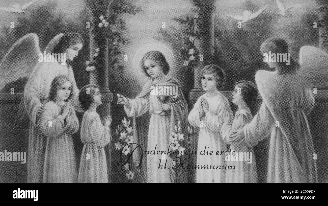 Engel, in memoria della Santa comunione, ca 1910, Germania / Engel, Andenken an die heilige Kommunion, ca 1910, Deutschland, Historisch, storico, digitale riproduzione migliorata di un originale del 19 ° secolo / digitale Reproduktion einer Originalvorlage aus dem 19. Jahrhundert Foto Stock