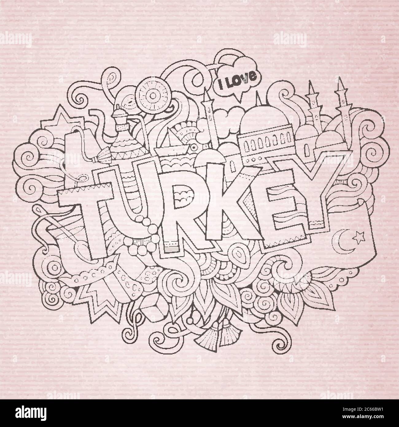 Tacchino mano caratteri e doodles elementi sfondo Illustrazione Vettoriale