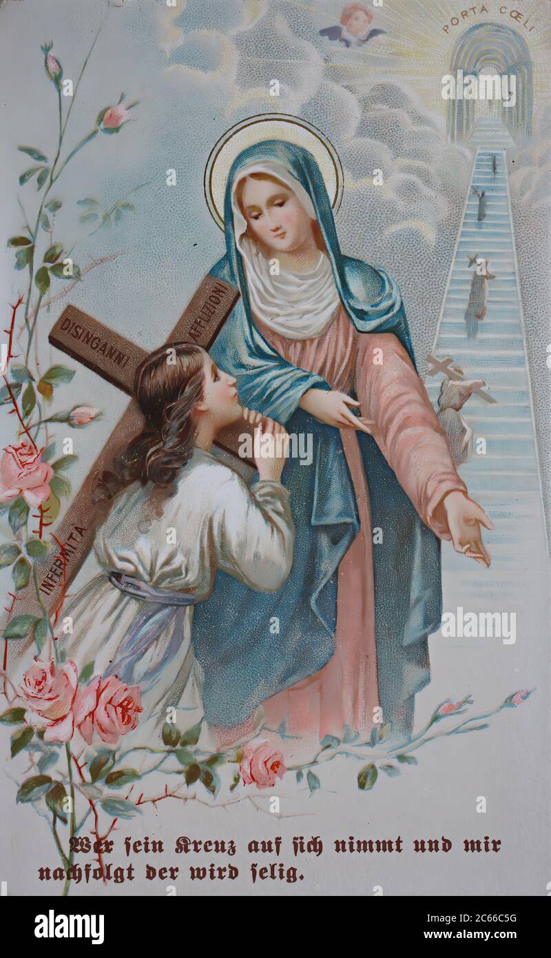Salve, Maria, che prende la sua croce, e mi viene salvato, memoria immagine comunione della Santa comunione, ca 1910, Germania / Gegrüßt seist Du, Maria, Wer sein Kreuz auf sich nimmt und mir nachfolgt der wird selig, Kommunionsbild, Andenken an die heilige Kommunion, Deutschland, 1910, Deutschland Historisch, storico, digitale riproduzione migliorata di un originale del 19 ° secolo / digitale Reproduktion einer Originalvollage aus dem 19. Jahrhundert Foto Stock