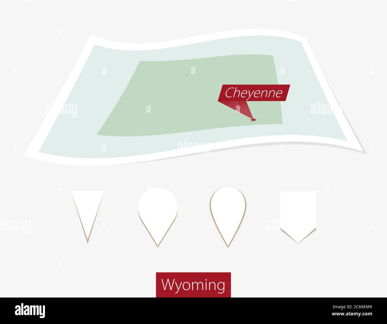 Mappa su carta curva dello stato del Wyoming con Cheyenne capitale su sfondo grigio. Quattro diversi set di pin della mappa. Illustrazione vettoriale. Illustrazione Vettoriale