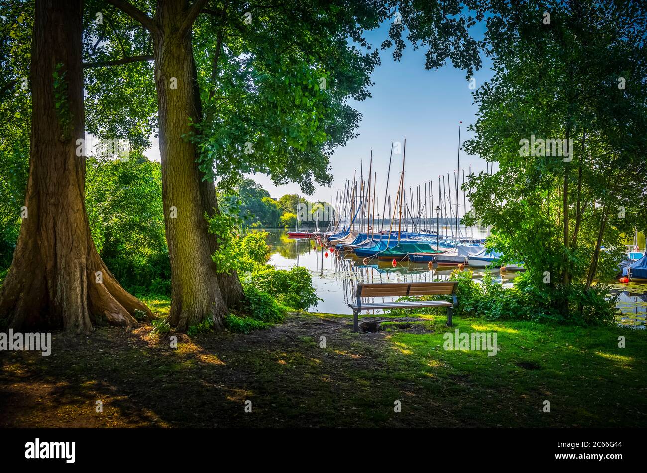 Germania, Amburgo, lago Outer Alster, molo, vela, barca a vela Foto Stock