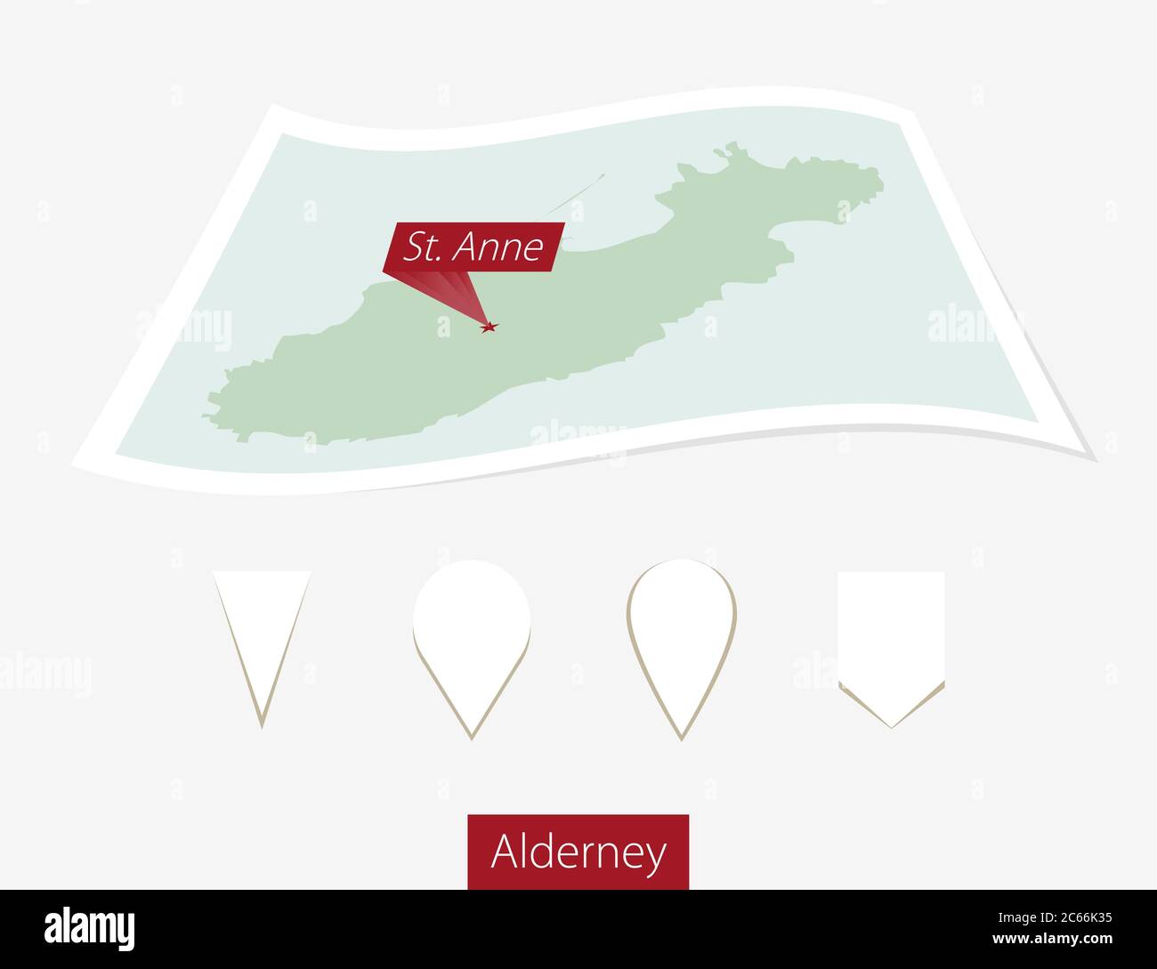 Carta curva mappa di Alderney con la capitale Saint Anne su sfondo grigio. Quattro diversi set di pin della mappa. Illustrazione vettoriale. Illustrazione Vettoriale