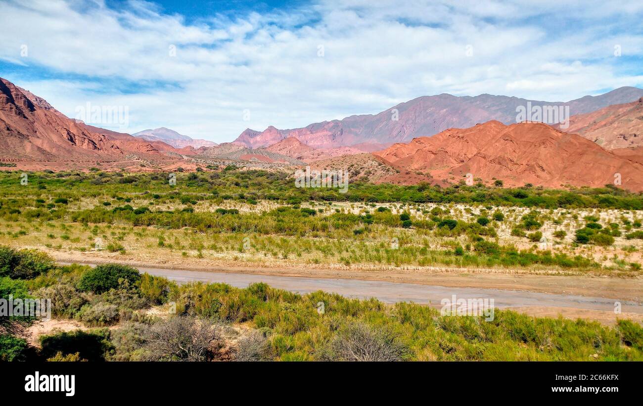 Strada che attraversa paesaggi rocciosi, circondata da alberi e cespugli in Argentina Foto Stock