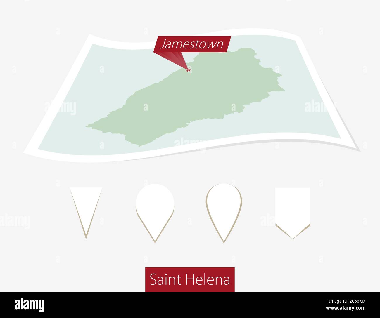 Mappa su carta curva di Saint Helena con capitale Jamestown su sfondo grigio. Quattro diversi set di pin della mappa. Illustrazione vettoriale. Illustrazione Vettoriale
