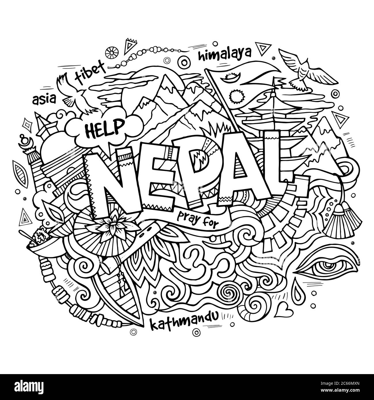 Elementi di caratteri e doodles paese del Nepal Illustrazione Vettoriale