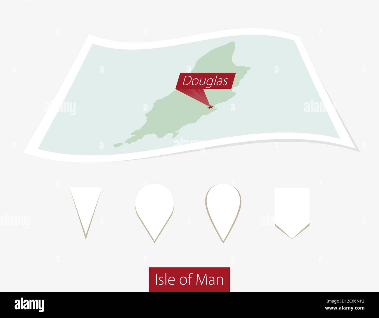 Mappa su carta curva dell'Isola di Man con la capitale Douglas su sfondo grigio. Quattro diversi set di pin della mappa. Illustrazione vettoriale. Illustrazione Vettoriale