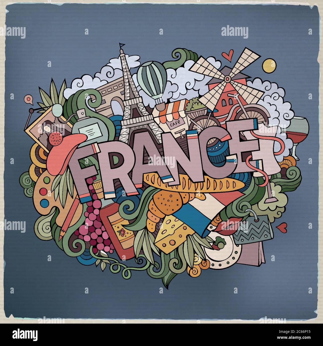 Francia paese caratteri a mano e elementi doodles Illustrazione Vettoriale