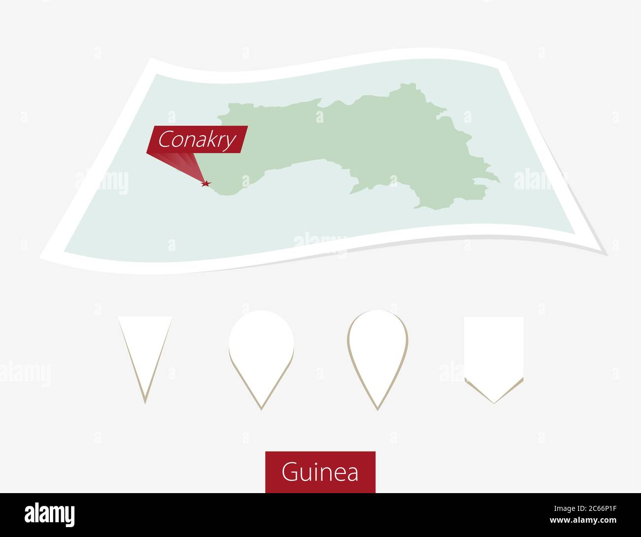 Carta curva della Guinea con capitale Conakry su sfondo grigio. Quattro diversi set di pin della mappa. Illustrazione vettoriale. Illustrazione Vettoriale