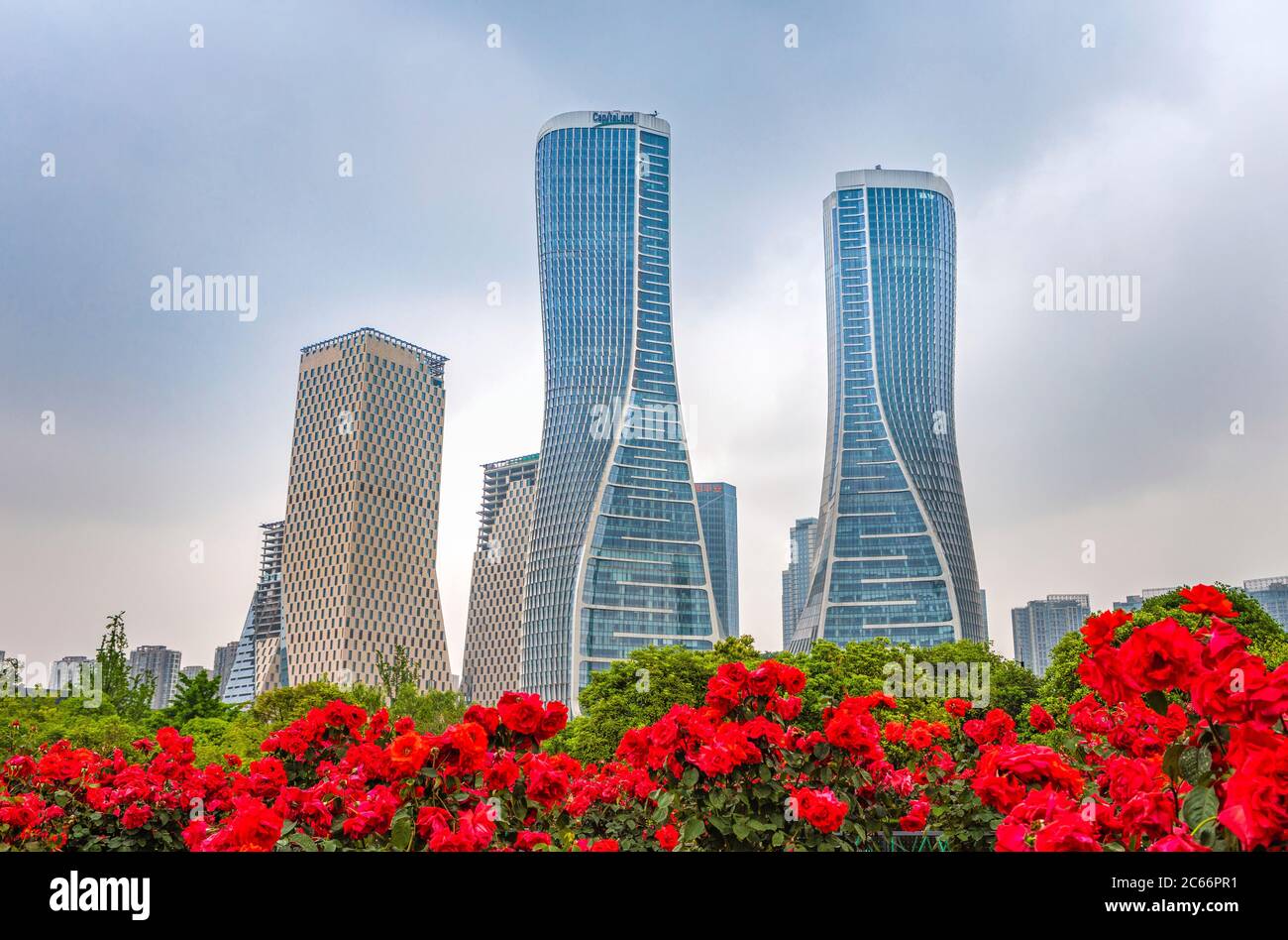 Cina, Hangzhou, Jianggan distretto, Qianjiang Città Nuova, la danza di grattacieli Foto Stock