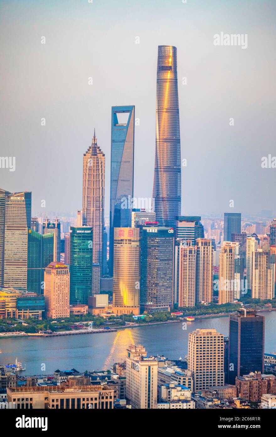 Cina, Shanghai City, quartiere di Pudong, zona di Lujiazui, edificio Jin Mao, World Financial Center e Shanghai Tower, Foto Stock