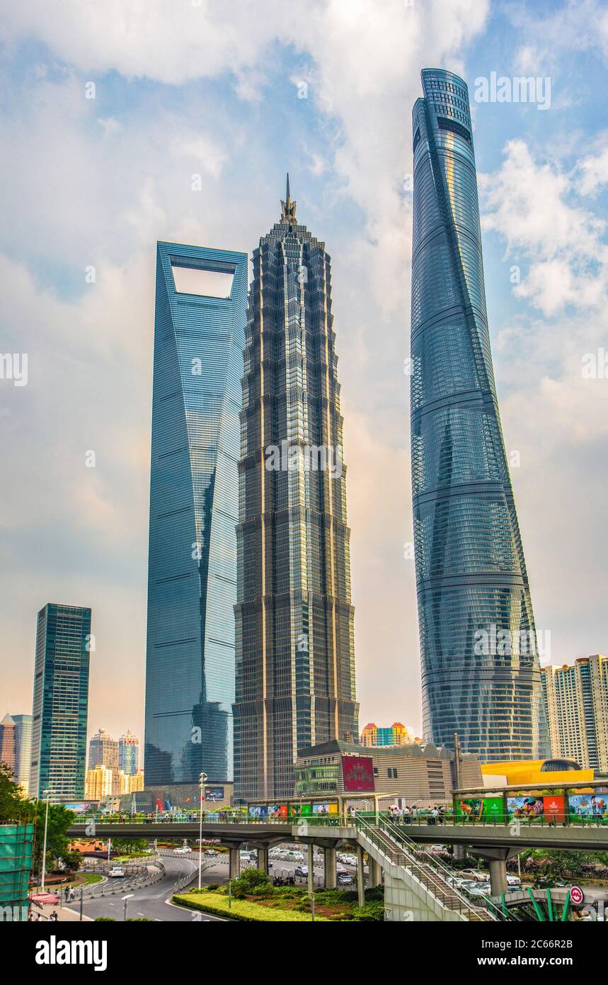 Cina, Shanghai City, quartiere di Pudong, zona di Lujiazui, edificio Jin Mao, World Financial Center e Shanghai Tower, Foto Stock