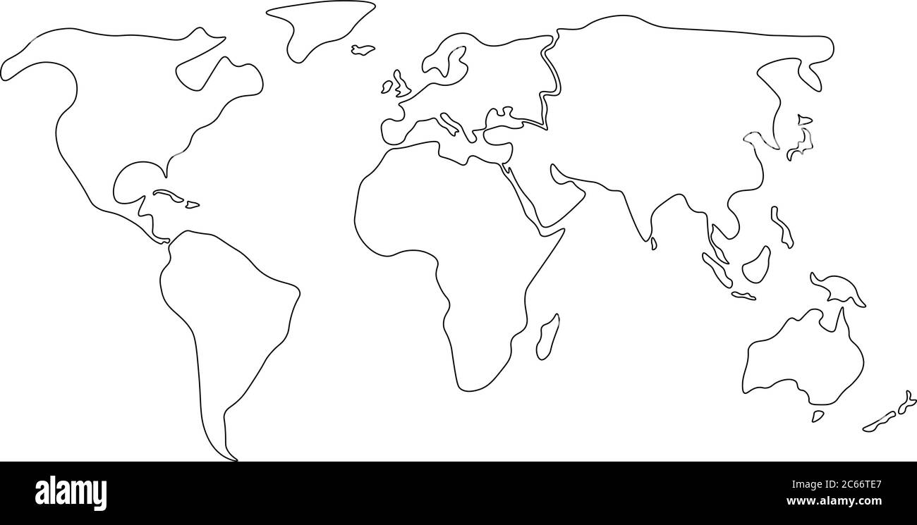 Mappa mondiale divisa in sei continenti in nero - Nord America, Sud America, Africa, Europa, Asia e Australia Oceania. Contorno nero semplificato della mappa vettoriale vuota senza etichette. Illustrazione Vettoriale