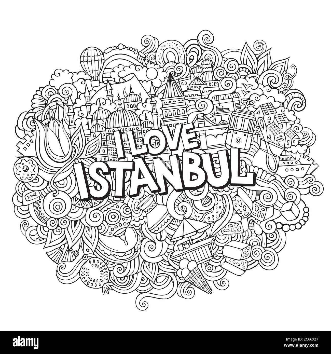 Cartoon carino doodles mano disegnata i Love Istanbul iscrizione Illustrazione Vettoriale