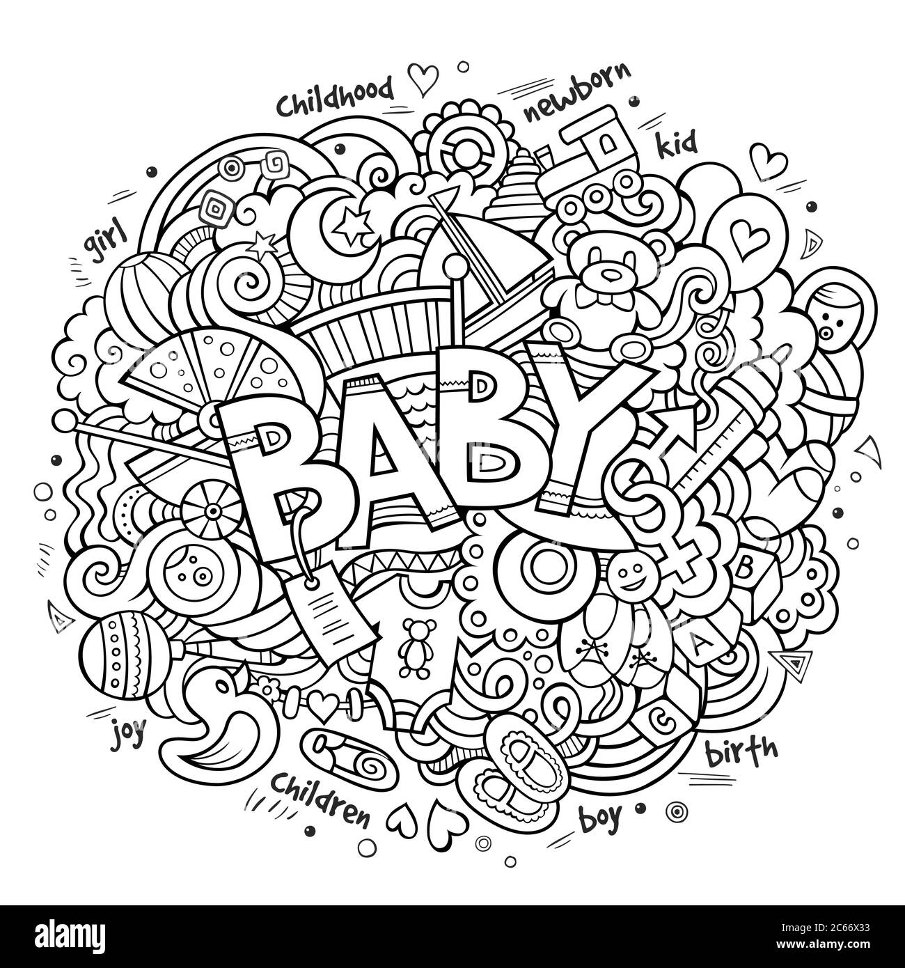 Vettore cartoon Doodle Baby illustrazione disegnata a mano Illustrazione Vettoriale