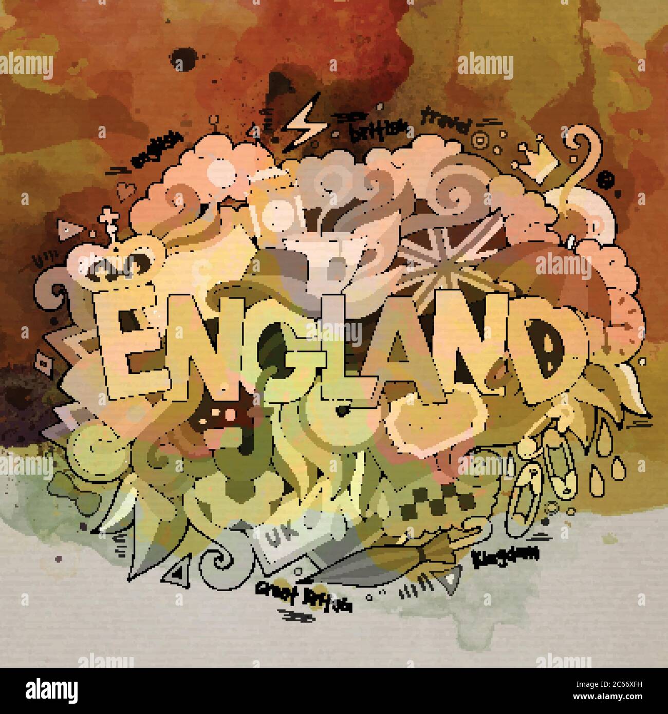 Inghilterra watercolor caratteri a mano e doodles elementi backgroun Illustrazione Vettoriale